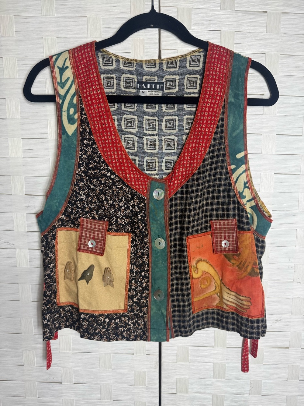 Women’s Faith Vintage Rayon Patchwork Art-to-Wear Eclectic Textured Vest Size M